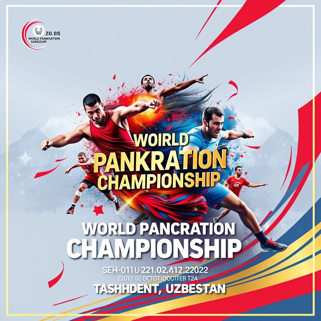 A dynamic sports poster for the World Pankration Championship featuring vibrant and intense visuals of athletes in pankration action