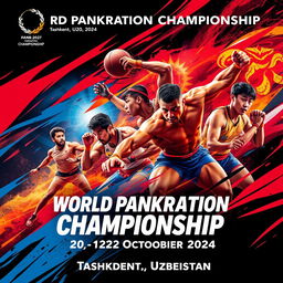 A dynamic sports poster for the World Pankration Championship featuring vibrant and intense visuals of athletes in pankration action