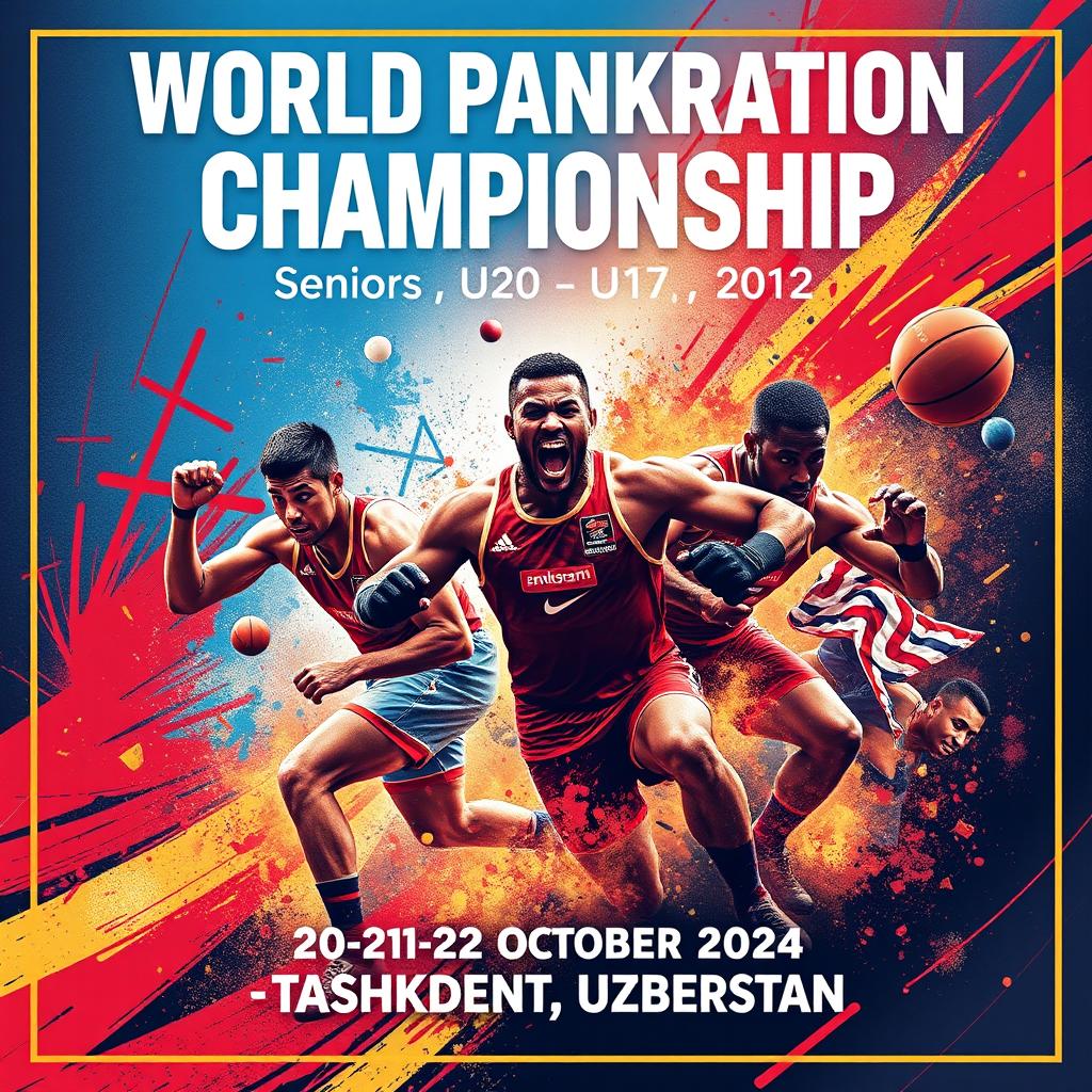 A dynamic sports poster for the World Pankration Championship featuring vibrant and intense visuals of athletes in pankration action