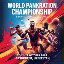 A dynamic sports poster for the World Pankration Championship featuring vibrant and intense visuals of athletes in pankration action