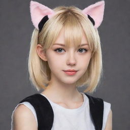 Anime-style young blonde adolescent with cat ears and tail