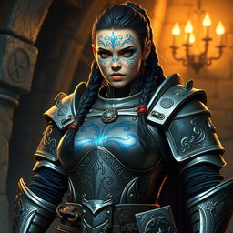 A formidable female dwarf knight from a DND realm, proudly displaying intricate blue tattoos that symbolize her clan heritage and warrior's spirit