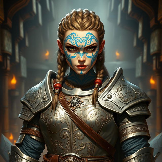 A formidable female dwarf knight from a DND realm, proudly displaying intricate blue tattoos that symbolize her clan heritage and warrior's spirit