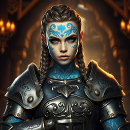 A formidable female dwarf knight from a DND realm, proudly displaying intricate blue tattoos that symbolize her clan heritage and warrior's spirit