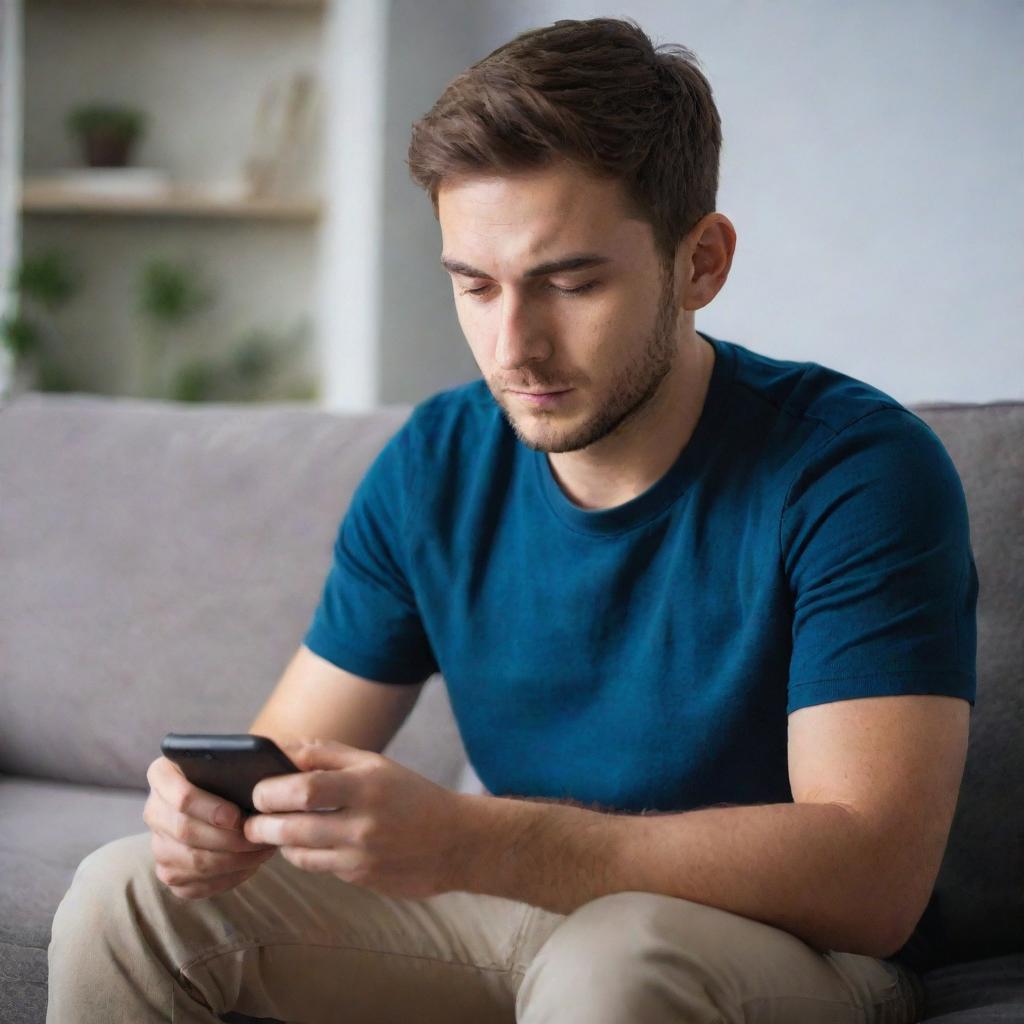 A focused gamer, seated on a comfortable couch, deeply engaged in an intense game on his smartphone.