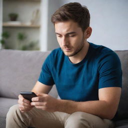 A focused gamer, seated on a comfortable couch, deeply engaged in an intense game on his smartphone.