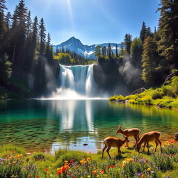 A serene landscape featuring a pristine waterfall cascading into a crystal-clear lake surrounded by lush greenery and colorful wildflowers