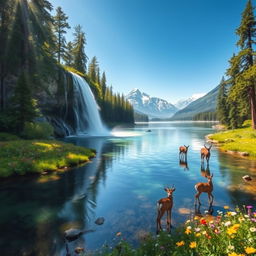 A serene landscape featuring a pristine waterfall cascading into a crystal-clear lake surrounded by lush greenery and colorful wildflowers