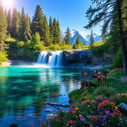 A serene landscape featuring a pristine waterfall cascading into a crystal-clear lake surrounded by lush greenery and colorful wildflowers