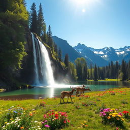 A serene landscape featuring a pristine waterfall cascading into a crystal-clear lake surrounded by lush greenery and colorful wildflowers