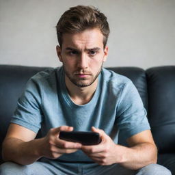 A focused gamer, seated on a comfortable couch, deeply engaged in an intense game on his smartphone.