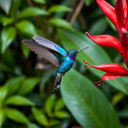 A vibrant Blue Hummingbird (Violet Sabrewing) gracefully flying next to a stunning red flower in the midst of a lush tropical Costa Rican jungle