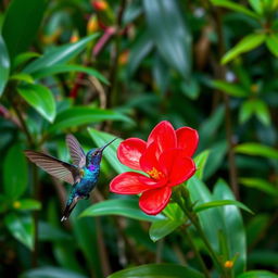 A vibrant Blue Hummingbird (Violet Sabrewing) gracefully flying next to a stunning red flower in the midst of a lush tropical Costa Rican jungle