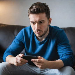 A focused gamer, seated on a comfortable couch, deeply engaged in an intense game on his smartphone.