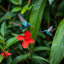 A vibrant Blue Hummingbird (Violet Sabrewing) gracefully flying next to a stunning red flower in the midst of a lush tropical Costa Rican jungle