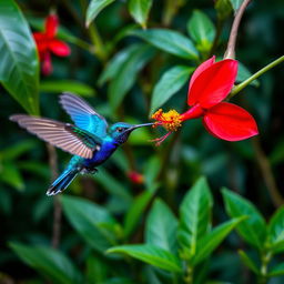 A vibrant Blue Hummingbird (Violet Sabrewing) gracefully flying next to a stunning red flower in the midst of a lush tropical Costa Rican jungle