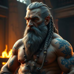 An old and weathered male dwarf knight depicted without armor, his rugged face marked by deep scars that speak of countless battles fought