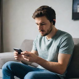 A focused gamer, seated on a comfortable couch, deeply engaged in an intense game on his smartphone.