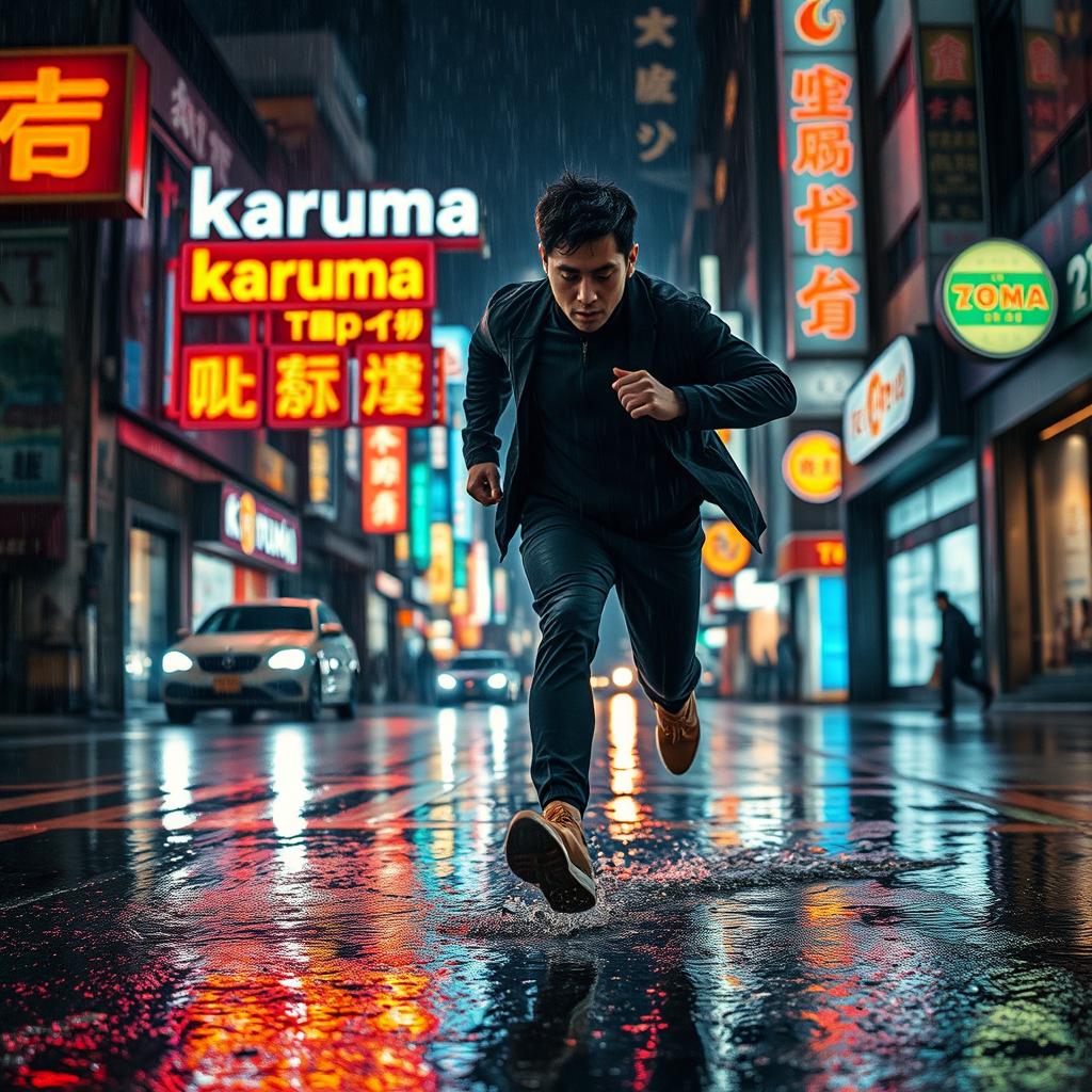 A dramatic scene of a man running through the rainy streets of Tokyo at night