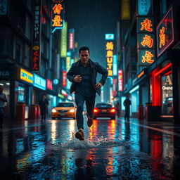 A dramatic scene of a man running through the rainy streets of Tokyo at night