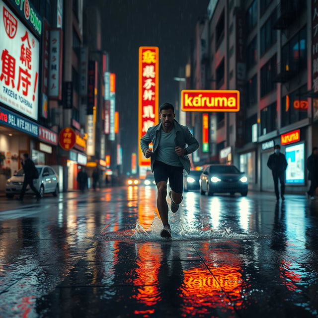 A dramatic scene of a man running through the rainy streets of Tokyo at night