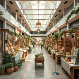 Create a scene of a craft fair inside a shopping mall, featuring 70 stalls