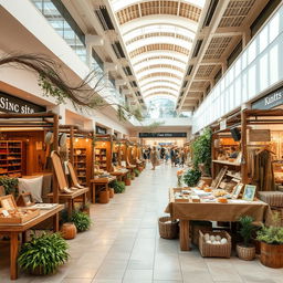 Create a scene of a craft fair inside a shopping mall, featuring 70 stalls