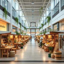 Create a scene of a craft fair inside a shopping mall, featuring 70 stalls