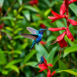 A vibrant Blue Hummingbird (Violet Sabrewing) gracefully flying next to a stunning red flower in the midst of a lush tropical Costa Rican jungle