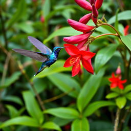 A vibrant Blue Hummingbird (Violet Sabrewing) gracefully flying next to a stunning red flower in the midst of a lush tropical Costa Rican jungle