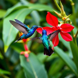 A vibrant Blue Hummingbird (Violet Sabrewing) gracefully flying next to a stunning red flower in the midst of a lush tropical Costa Rican jungle