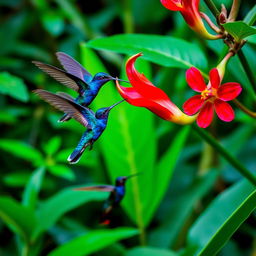 A vibrant Blue Hummingbird (Violet Sabrewing) gracefully flying next to a stunning red flower in the midst of a lush tropical Costa Rican jungle