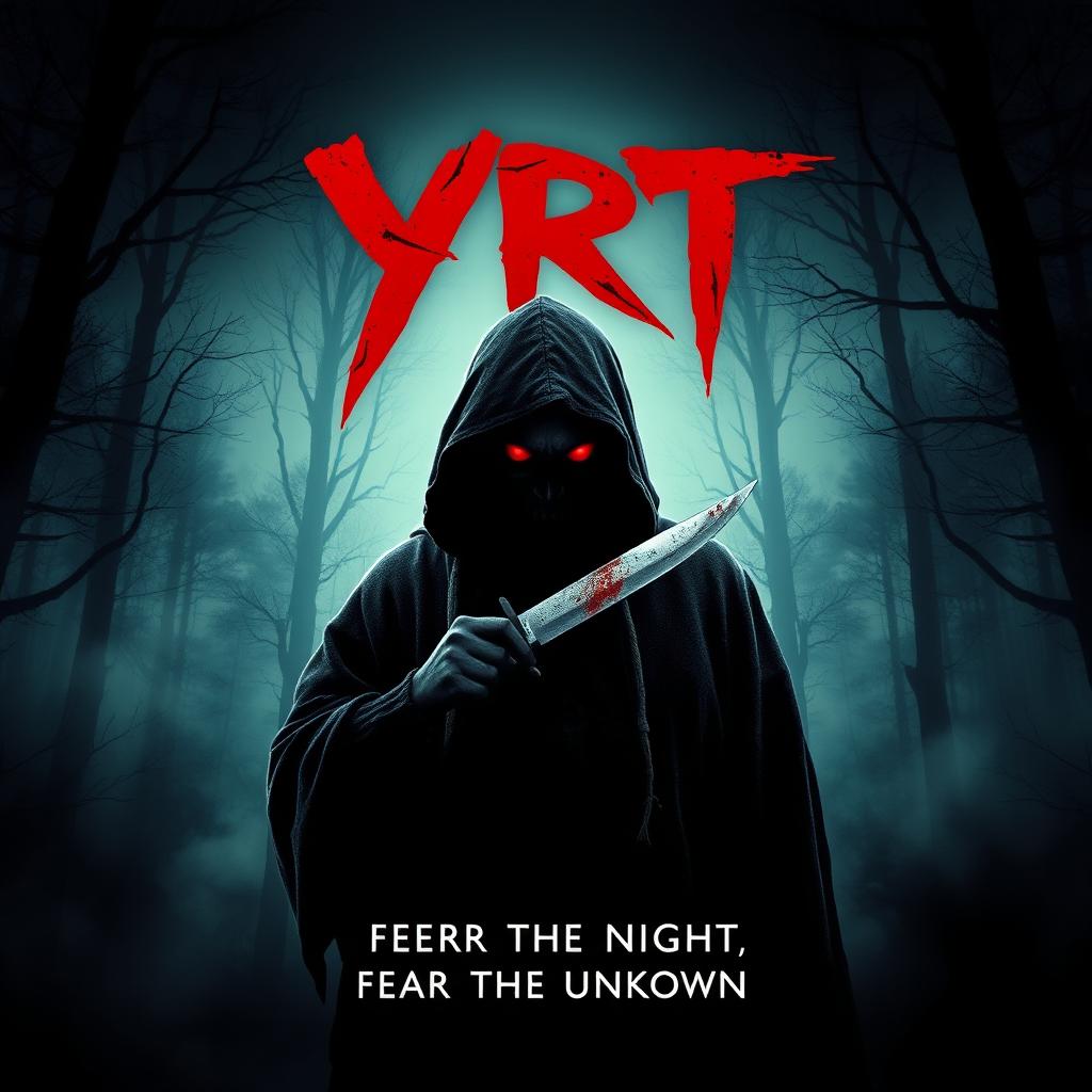 Create a chilling horror movie poster for a fictional slasher film titled 'YRT'