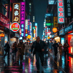 A dramatic scene of a dark-skinned man running away from the camera through a crowded street in Tokyo at night