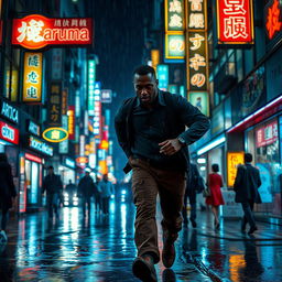 A dramatic scene of a dark-skinned man running away from the camera through a crowded street in Tokyo at night