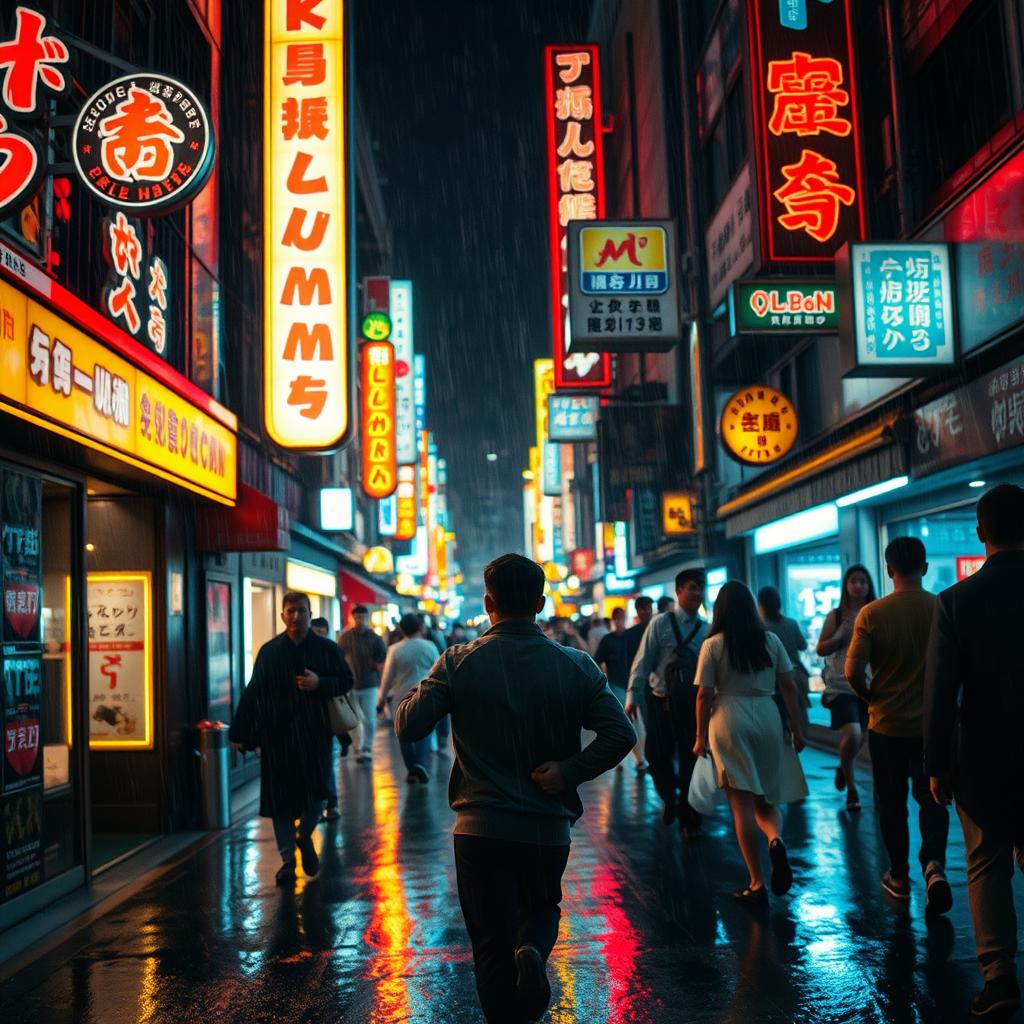 A dramatic scene of a dark-skinned man running away from the camera through a crowded street in Tokyo at night