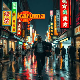 A dramatic scene of a dark-skinned man running away from the camera through a crowded street in Tokyo at night