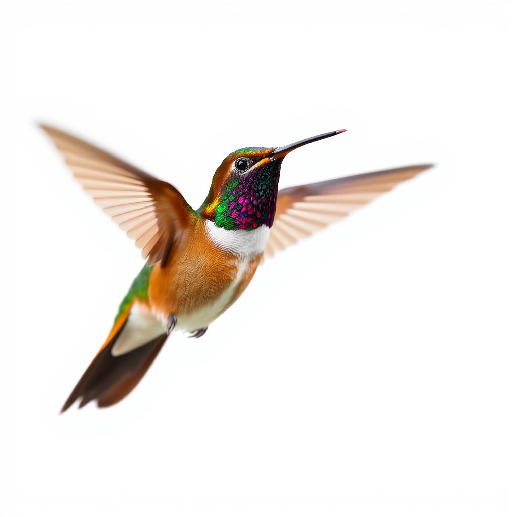 A stunning Chestnut-breasted Coronet hummingbird captured in mid-flight, isolated against a pristine white background