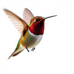 A stunning Chestnut-breasted Coronet hummingbird captured in mid-flight, isolated against a pristine white background