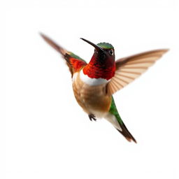 A stunning Chestnut-breasted Coronet hummingbird captured in mid-flight, isolated against a pristine white background