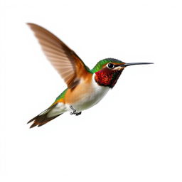 A stunning Chestnut-breasted Coronet hummingbird captured in mid-flight, isolated against a pristine white background