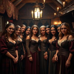 Inside a dimly lit but richly decorated medieval brothel, a diverse group of pretty prostitutes gathers, each distinctly different in appearance