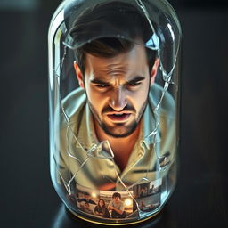 A young father with a frustrated expression, trapped inside a large glass bottle