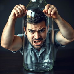 A young father with a frustrated expression, trapped inside a large glass bottle