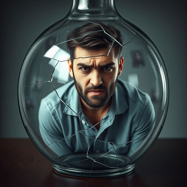 A young father with a frustrated expression, trapped inside a large glass bottle