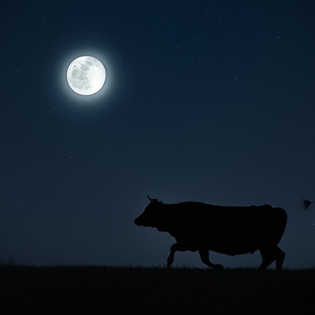 A playful cow, in mid-leap, silhouetted against a full and brightly-lit moon in a starlit night sky.