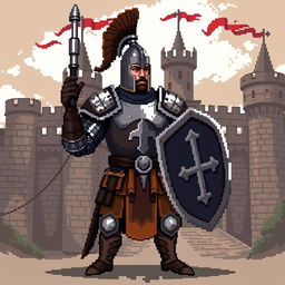 Pixel art of a medieval soldier, wearing traditional armor including a helmet and breastplate, holding a shield and a sword