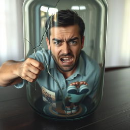 A young father with a frustrated expression, trapped inside a large glass bottle