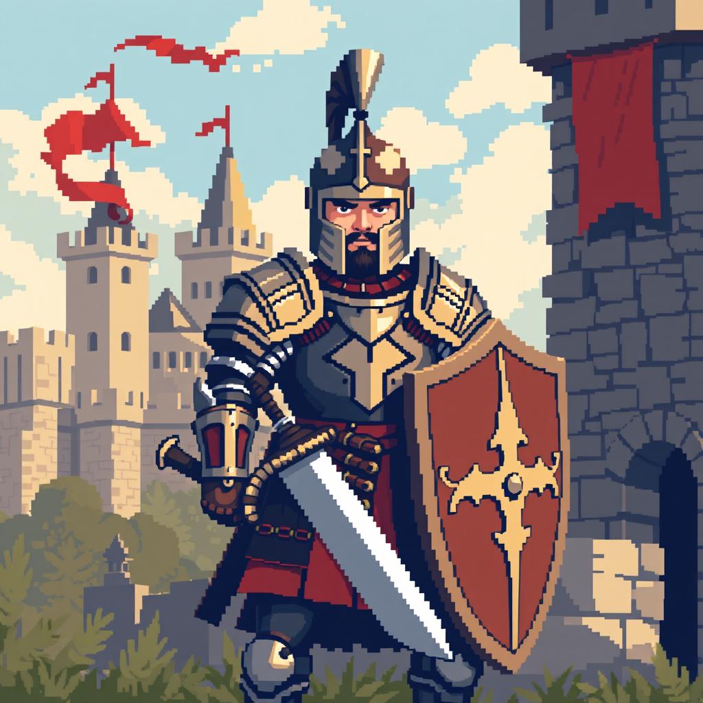 Pixel art of a medieval soldier, wearing traditional armor including a helmet and breastplate, holding a shield and a sword