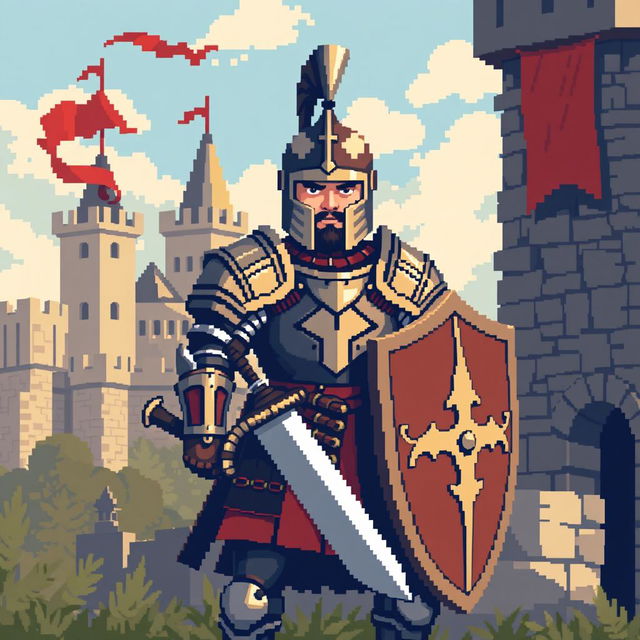 Pixel art of a medieval soldier, wearing traditional armor including a helmet and breastplate, holding a shield and a sword